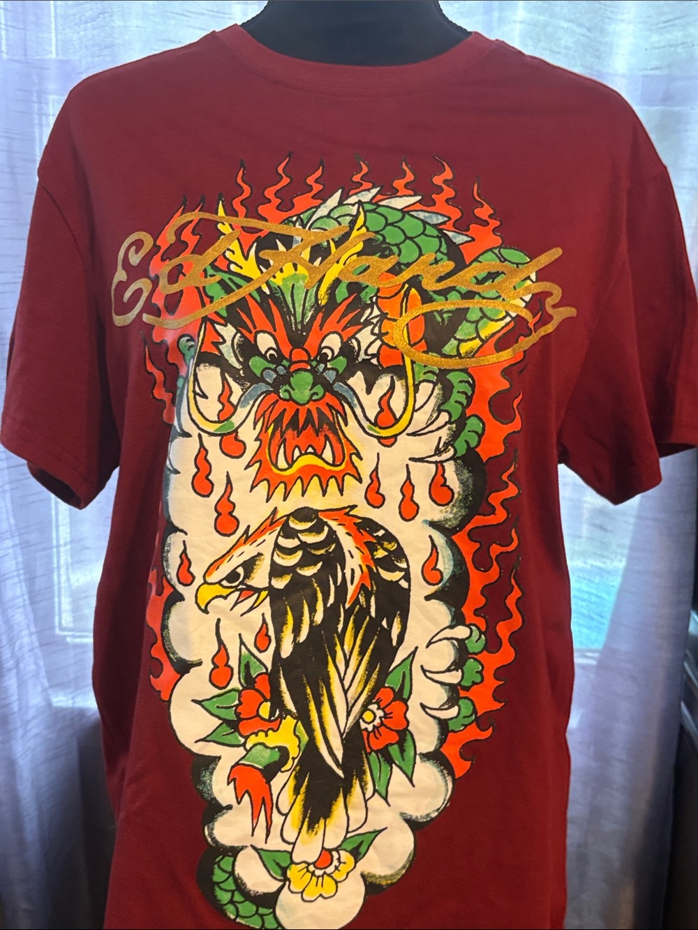Ed Hardy Red Short Sleeve Tee with Dragon and Eagle Graphic NWOT